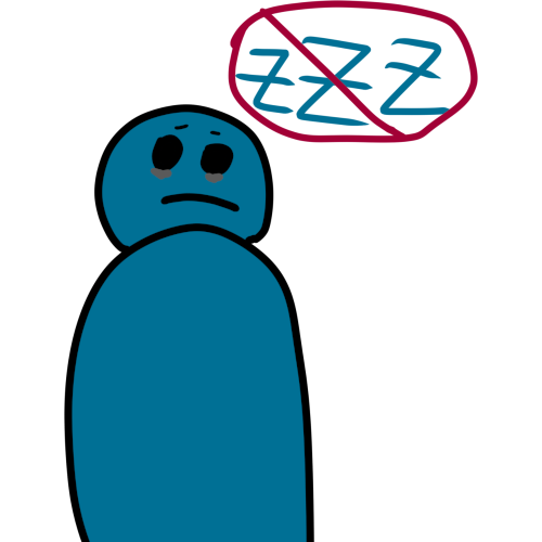 An unhappy blue person with grey smudges under their eyes. There’s three letter Z’s under a No sign above their head